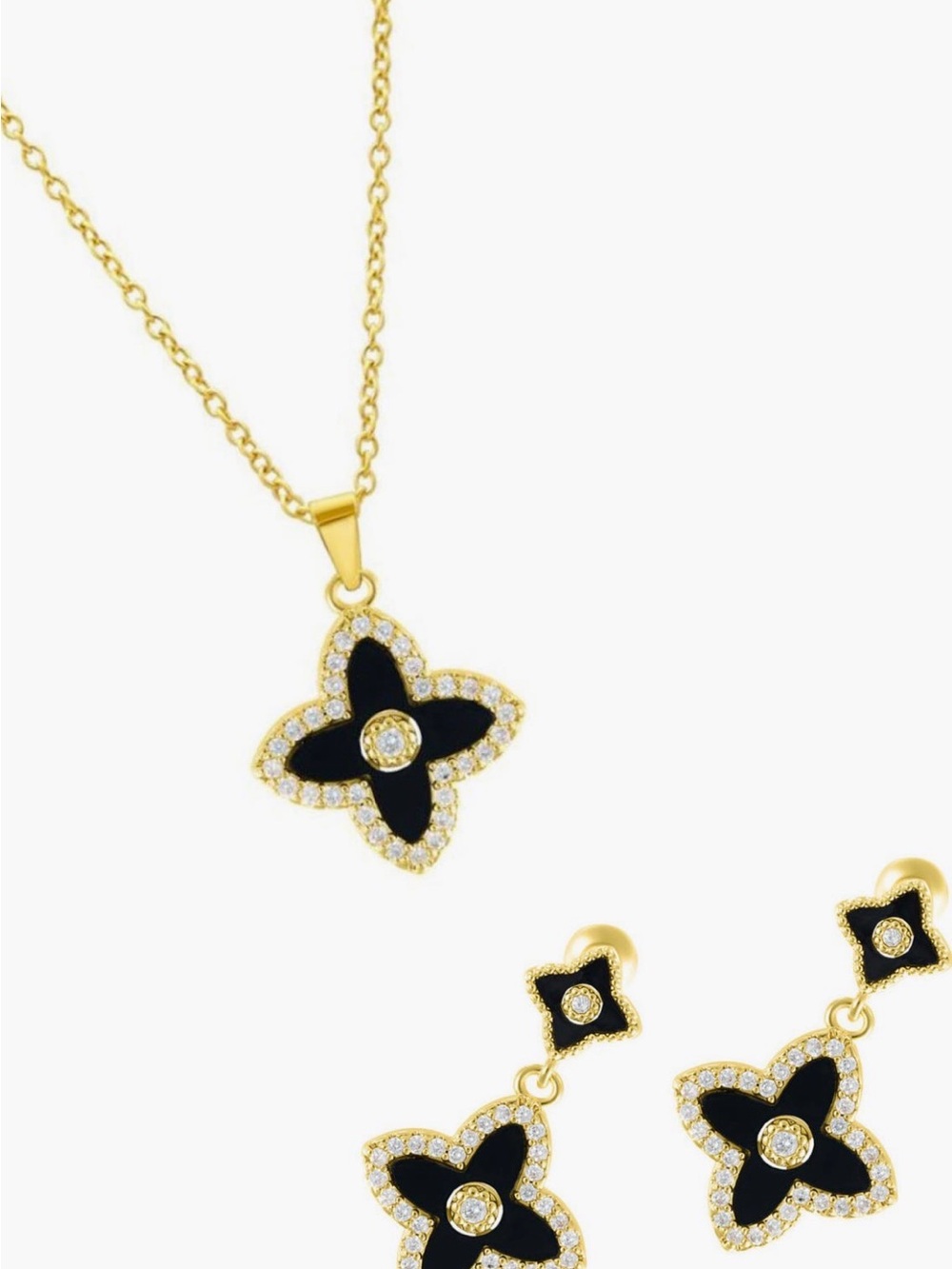 Gold and Black Four-Petal Necklace & Earring Set